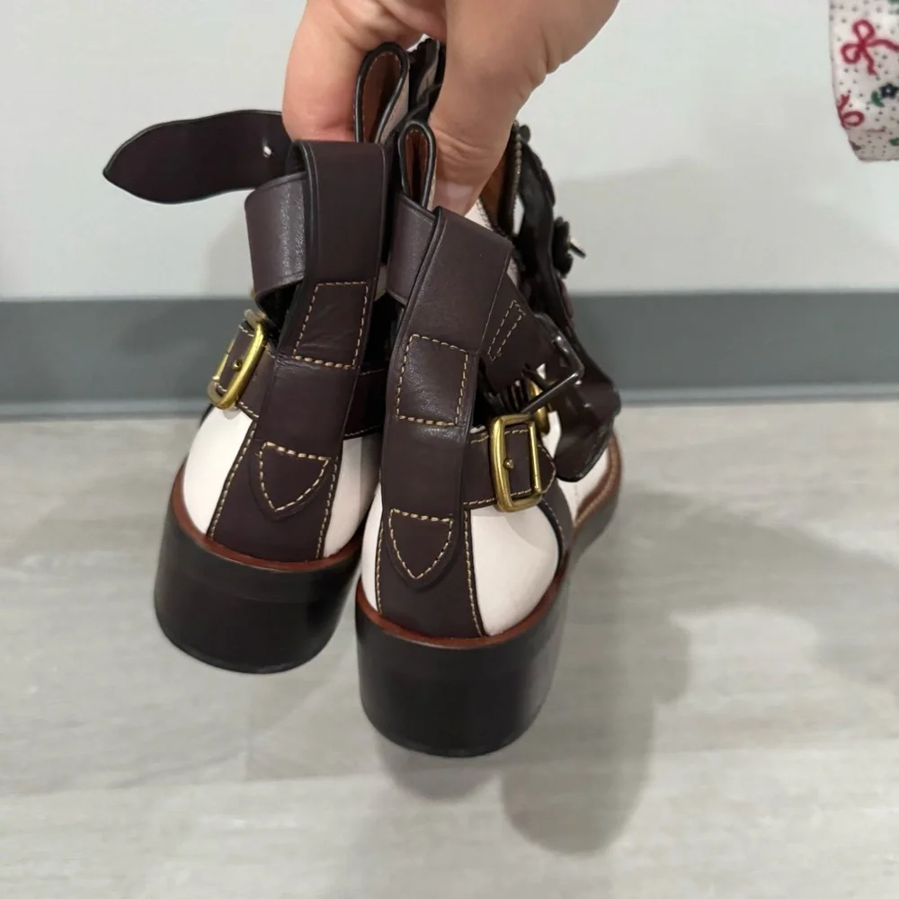 Coach Ankle Booties Chalk Oxblood Moto Cutout in White Leather - Picture 6 of 10